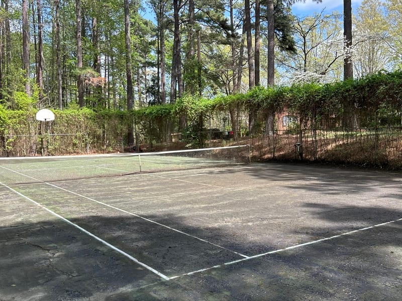 Stained concrete driveway with efflorescence and mold before pressure washing